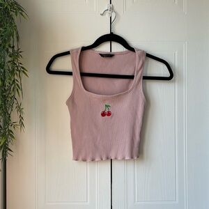 SHEIN pink ribbed cherry embroidered cropped tank